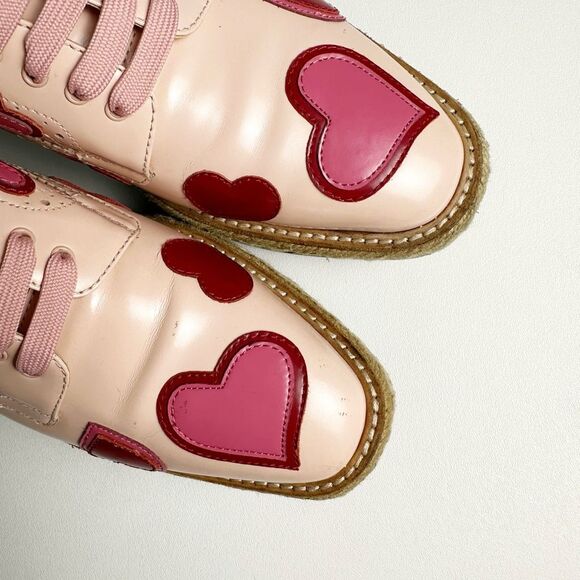 PRADA Pink Red Heart Leather Platform Loafers 39 US 8.5 Flats Lace Up Oxfords - Picture 4 of 13